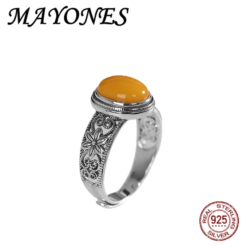 

NEW S925 Silver Inlaid Natural Beeswax Ring Women's Retro Personalized Carved Exquisite Jewelry