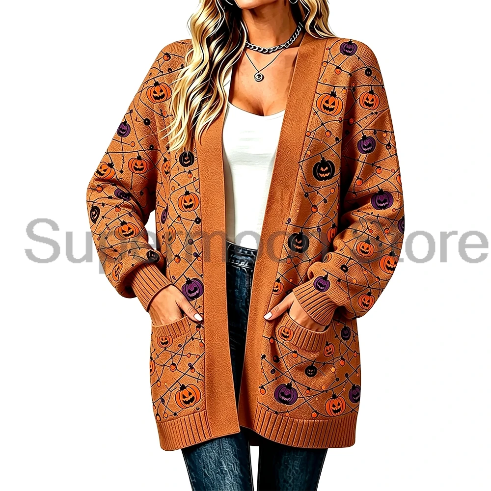 Women Halloween Pumpkin Spider Web Print Knit Cardigan Long Sleeve Open Front Pockets Sweater Outerwear Casual Loose Outfits