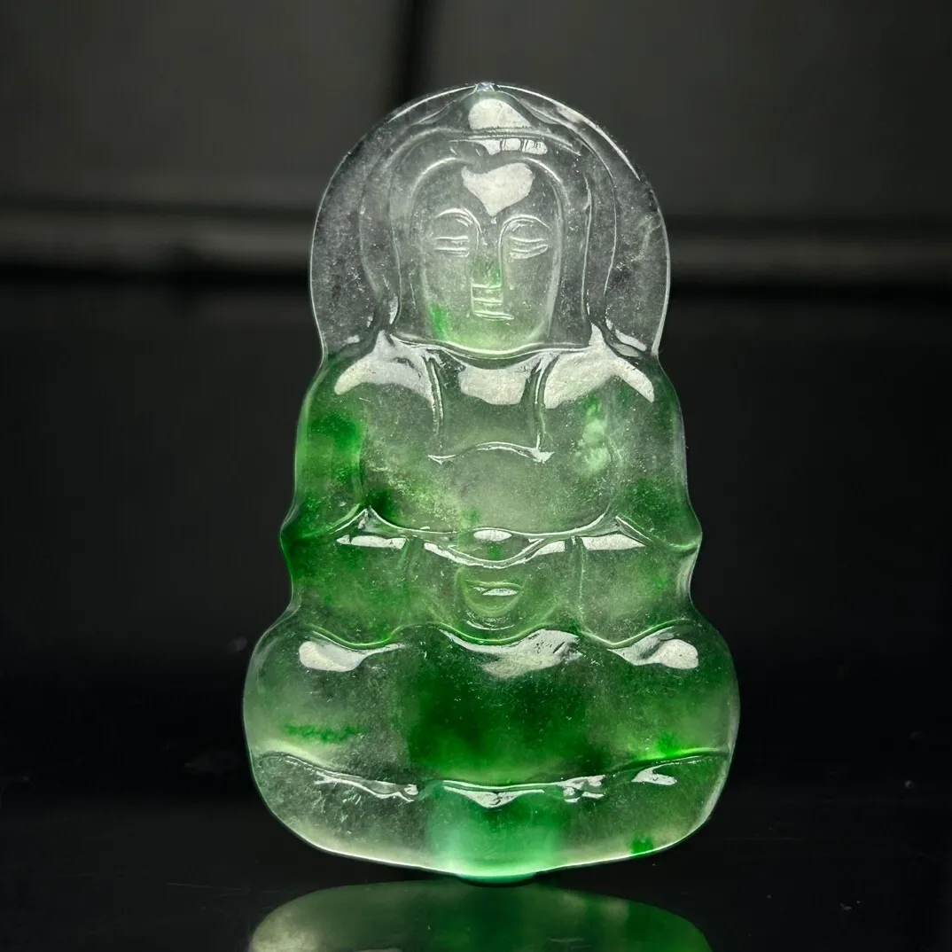 Certified Natural ice Green jade Jadeite Carved Avalokitesvara Pendant&Necklaces