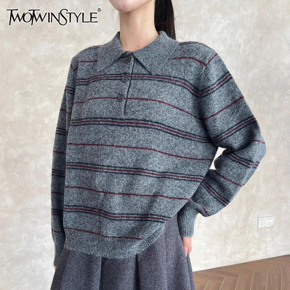 

TWOTWINSTYLE однотонный полосатый свитер женский с лацканами и длинными рукавами свободные винтажные уличные женские свитера осенняя мода новинка