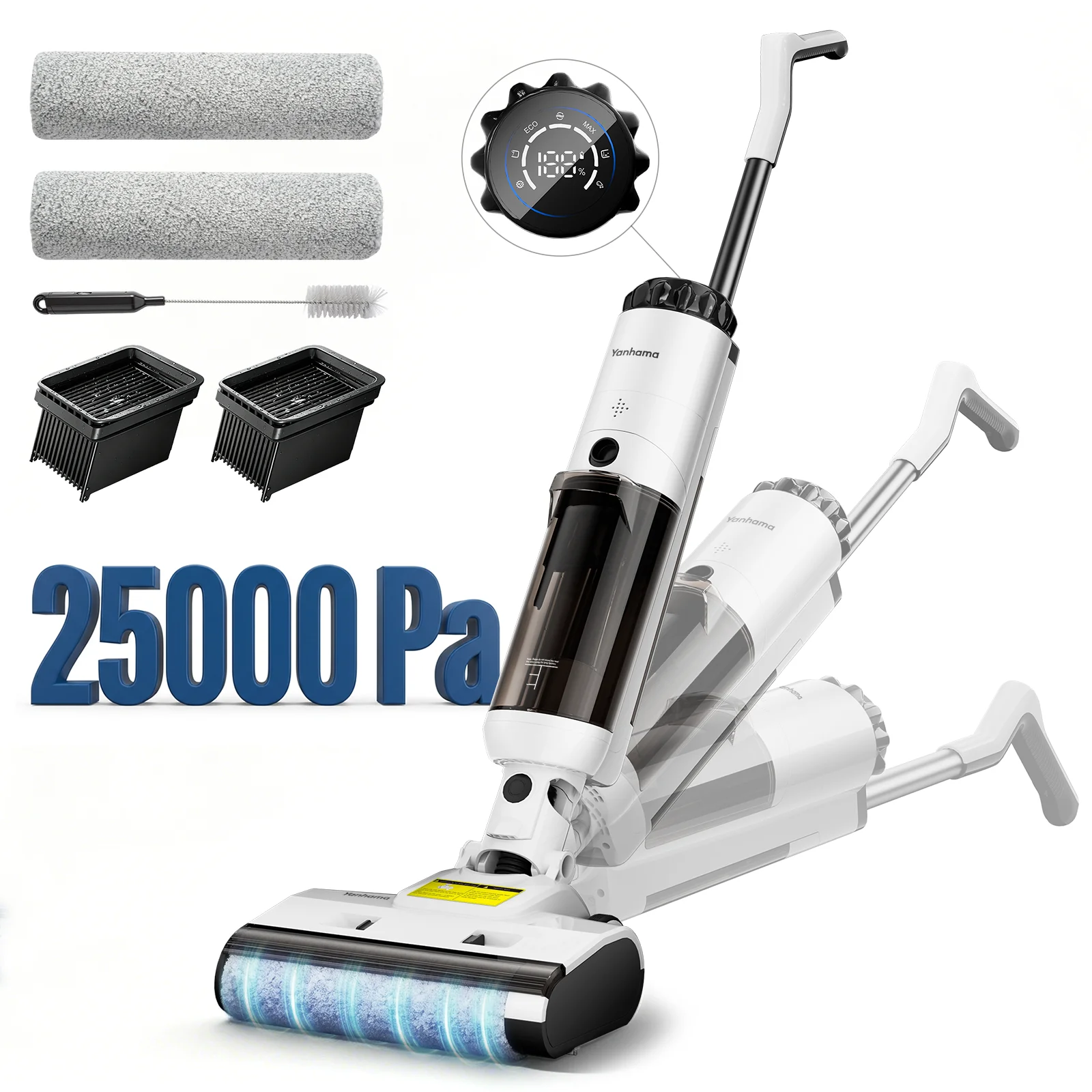 Yanhama K100 Aspirateur Balai Sans Fil Humide/Sec, Nettoyeur de Sols Autonettoyant avec Aspiration de 25000 Pa, Base de Recharge et Séchage à l'Air