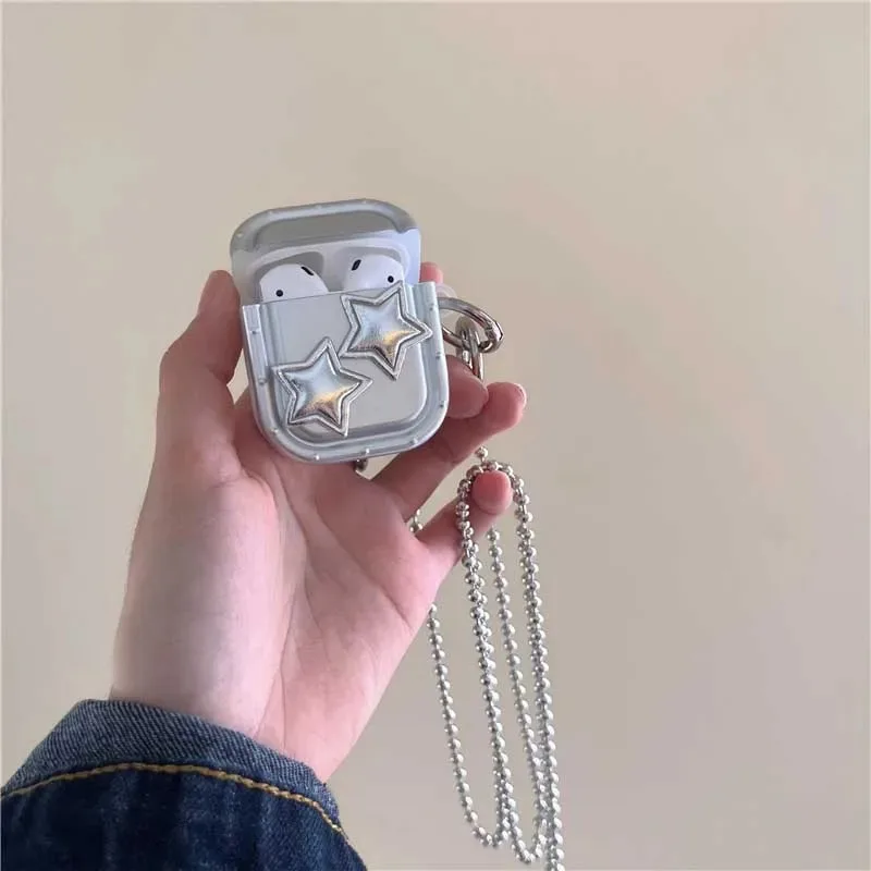 Étui pour écouteurs étoile 3D argenté de luxe, housse pour Airpods 1, 2, 3, bracelet à chaîne croisée, pendentif pour Apple, Airpod Pro 2nd Pro Fundas