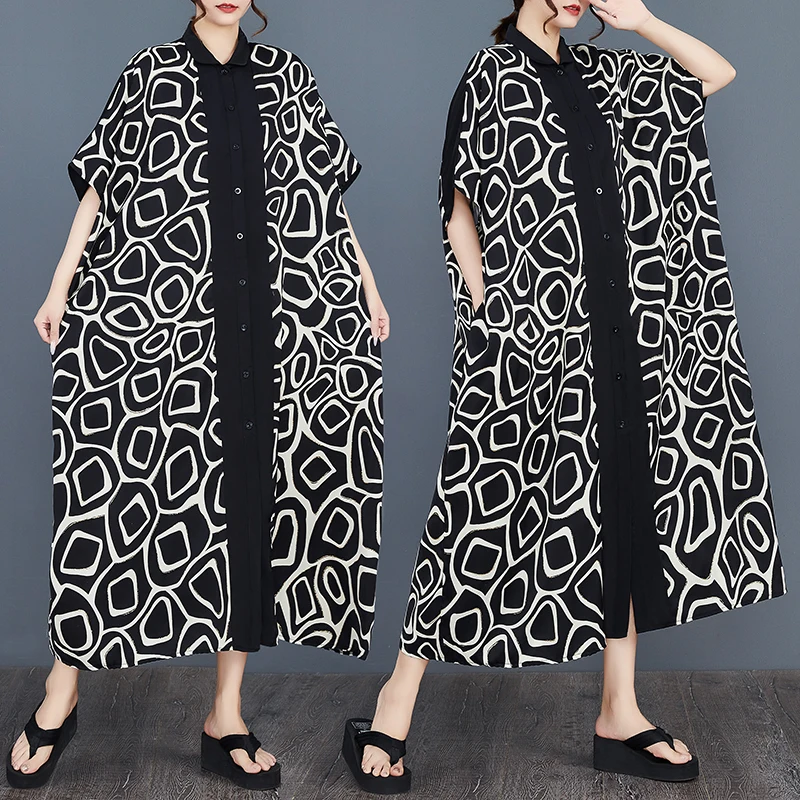 SuperAen جديد 2025 الصيف فضفاضة كبيرة الحجم موضة قميص مطبوع المرقعة واحدة الصدر ألف خط فساتين طويلة