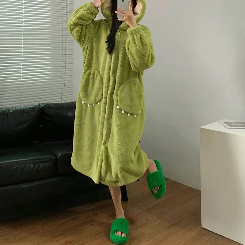 Plus Size Cartoon Long Robe Couple Models Hooded Pajamas Facecloth Bathrobe Autumn and Winter Coral Fleece Robe Women Homewear