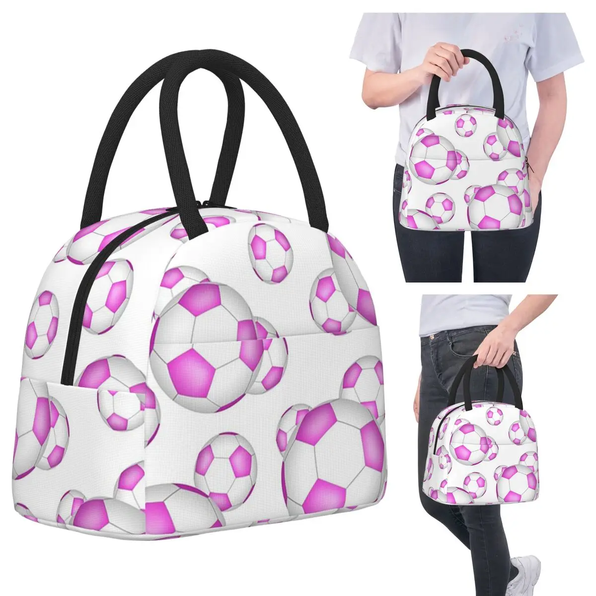 

Pink And White Soccer Balls Insulated Lunch Bag for Women Office Cooler Thermal Food Box Tote Portable Lunch Boxes Container