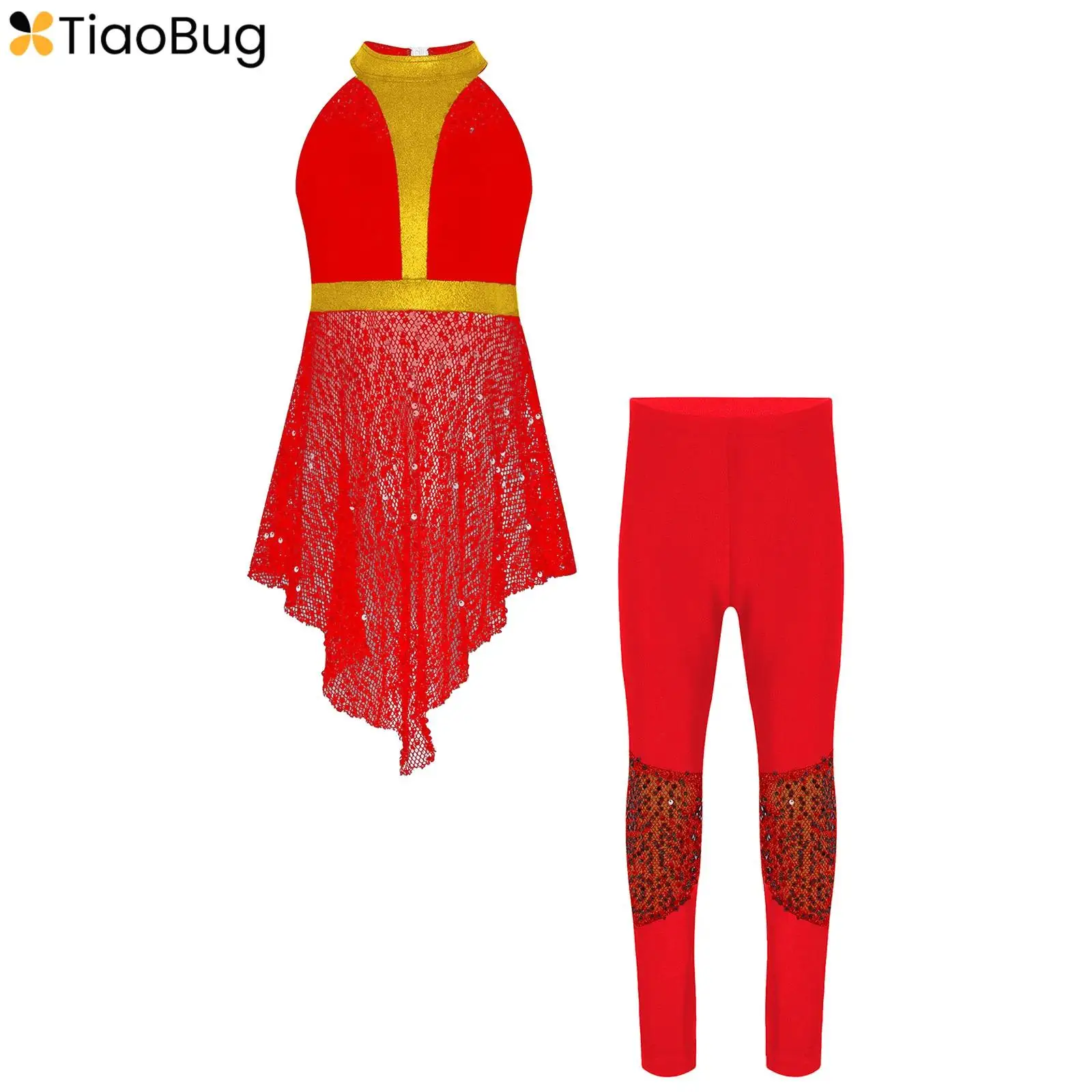 

Kids Girls Lyrical Dance Set Sleeveless Cutout Back Shiny Sequins Hollow Out Irregular Hem Top+Pants Stage Performance Costume