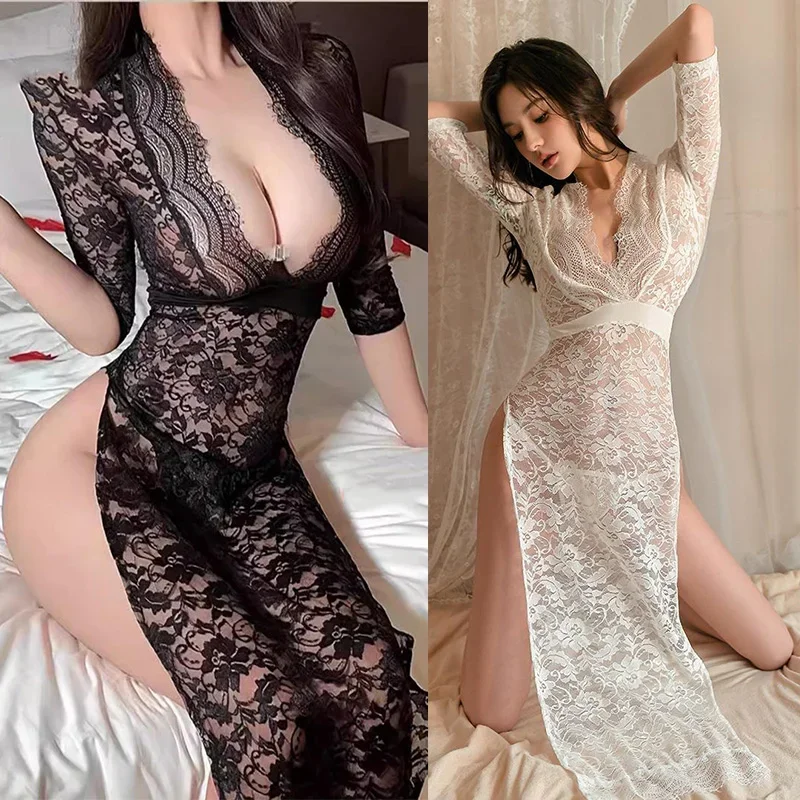 

Sexy lingerie Lace tight slit deep V-long skirt with transparent hollow out passionate Plus size dresses sexy clothes latex sexy