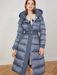 Winter Long Women's Down Jacket 2022 New Fashion White Duck Down Coats With Belt Ladies Blue Slim Thicked Warm Hooded Parkas