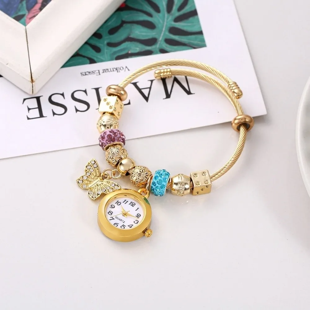 Trendy Adjustable Women's Bracelet Watches Elegant Luxury Beaded Watches Versatile Alloy Quartz Watch Birthday Gift