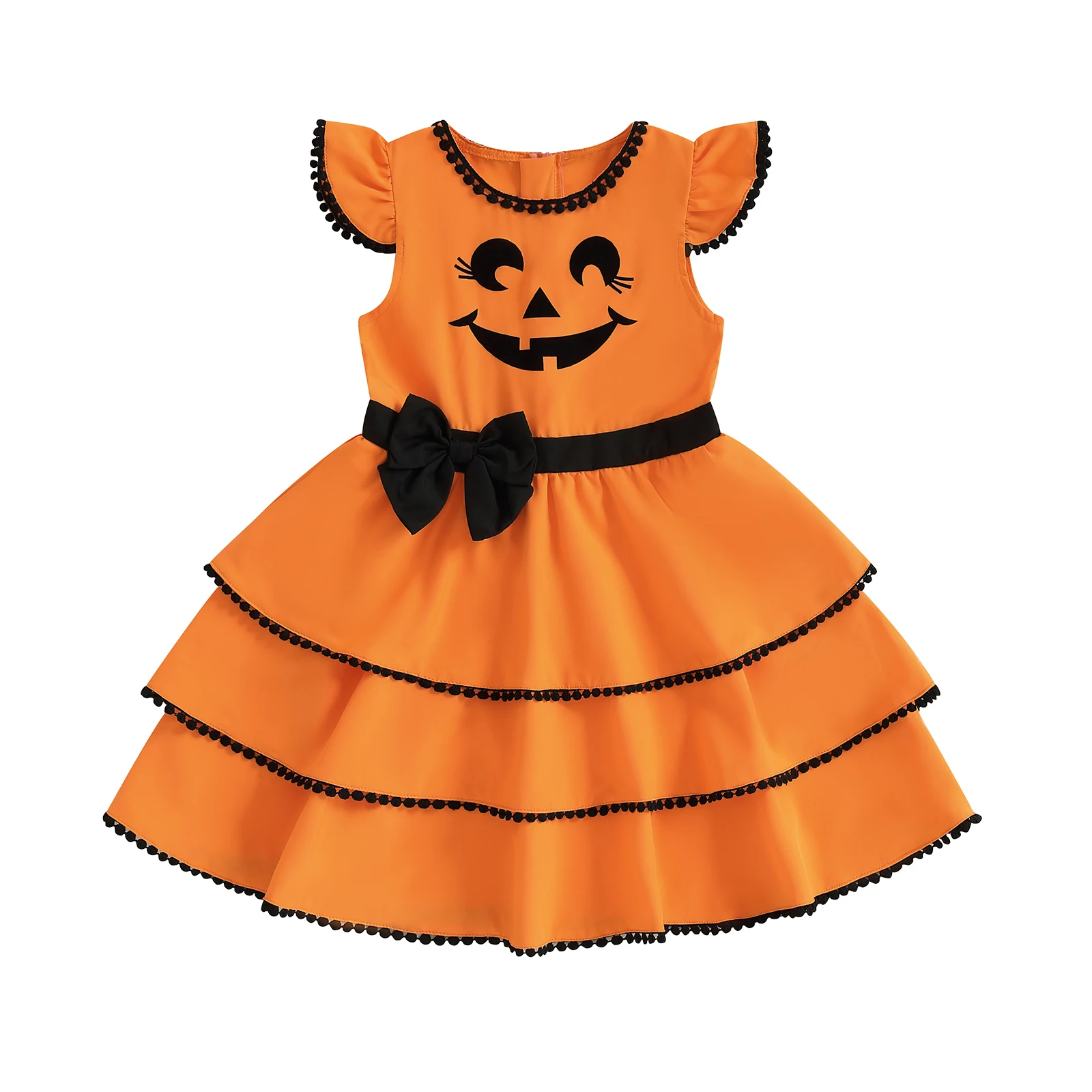 

2-7Y Kids Girl Halloween Dress Fly Sleeve Round Neck Pumpkin Print Dress Baby Holiday Dress