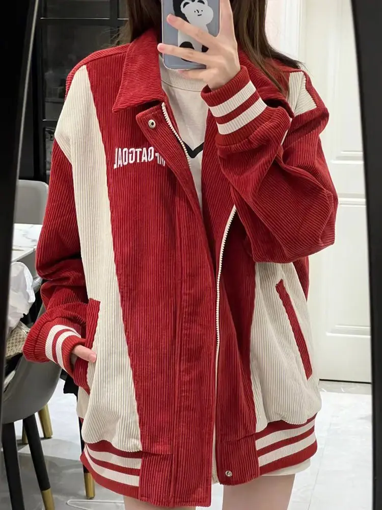 

​​Unisex Corduroy Baseball Jacket Vintage Button Front Classic Style Fall Season Oversized Everyday Outerwear​​