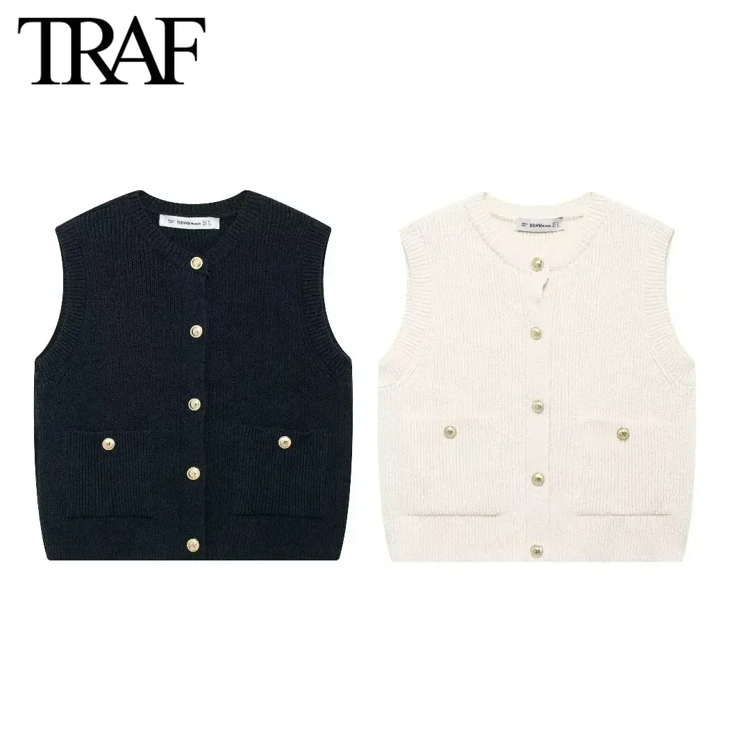 TRAF Women Fashion Spring New Solid Color Pocket Single Breasted Cardigan Round Neck Knitted Sweater Vest Sweet Chic Ladies Tops