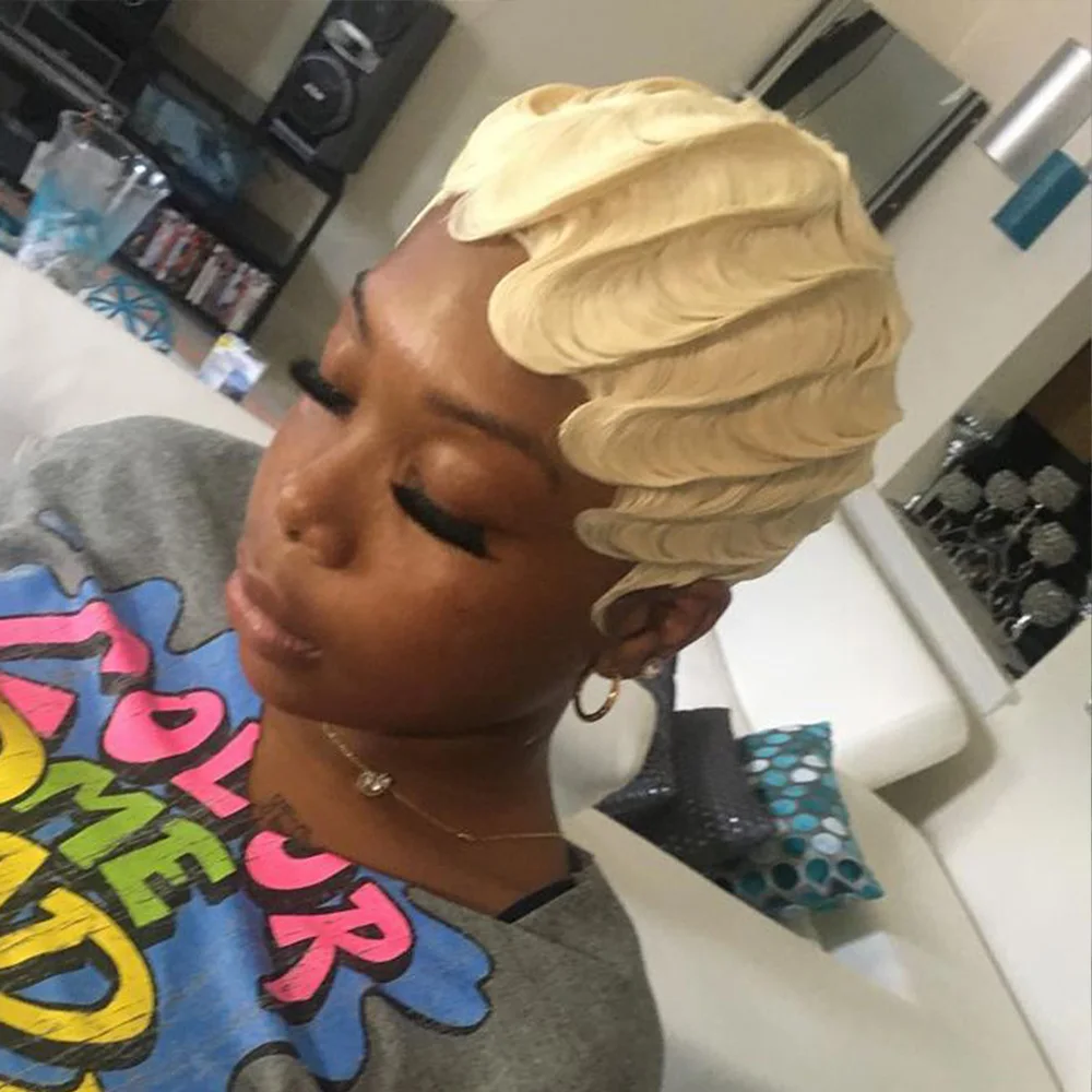 613 شقراء عابث قطع شعر مستعار قصير إصبع موجة الشعر البشري آلة كاملة المصنوعة للنساء عابث قطع الباروكات للمرأة #2