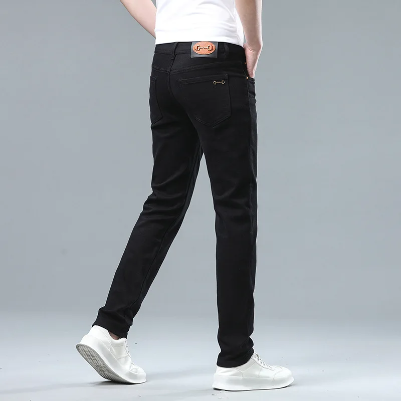 Jeans preto puro masculino, slim fit, casual stretch, estilo coreano, combinando tudo, calça comprida de escritório na moda, verão