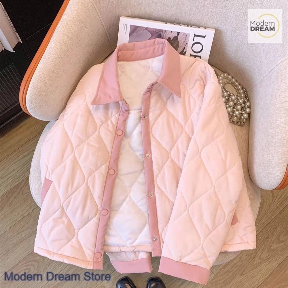 Korean version of gentle wind diamond lapel clip cotton coat women's autumn and winter sweet contrast warm casual bread clothes.