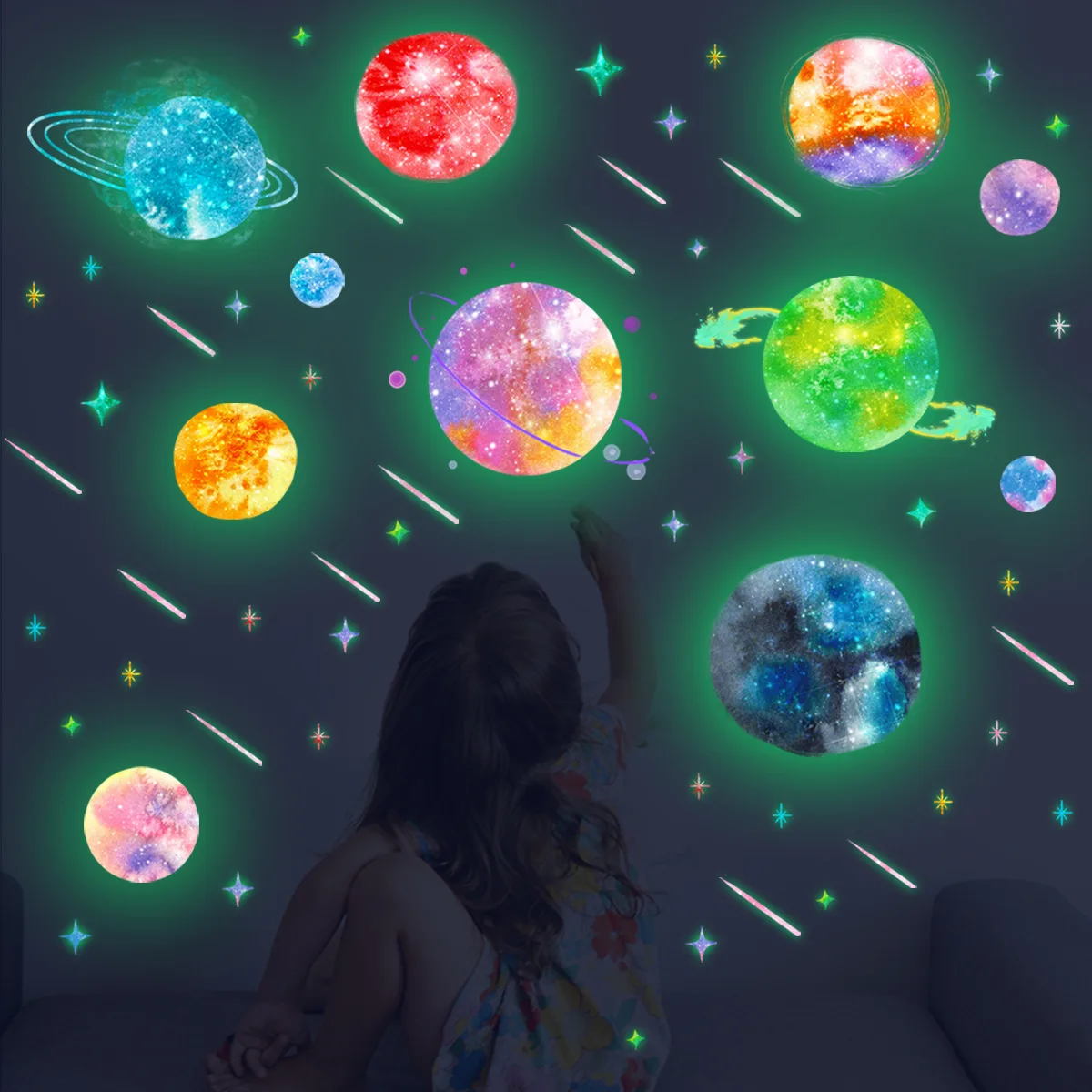 38*28cm Glow In The Dark Colorful Cosmic Planet Wall Stickers Children\'s Room Bedroom Creative Simple Decorative Wall Stickers