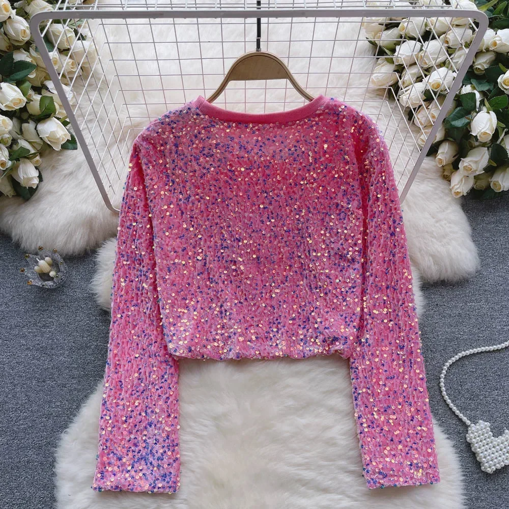 Elegant Vintage Glitter Sequin Long Sleeve O Neck Loose Blouse Chic Casual Top Women Korean Fashion Slim Spring Autumn Shirts