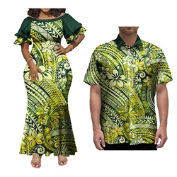 Mermaid Dress And Buttons Shirt Polynesian Couple 2 Pcs Set Plus Size Party Samoan Puletasi Matching Couple Outfits
