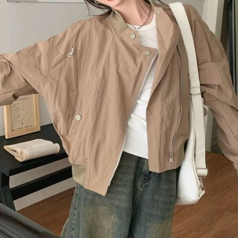 Neutral Design Sense Zipper Long Sleeve Panel Stand-up Collar Trench Coat Jacket Women's Loose Slimming Jacket Top