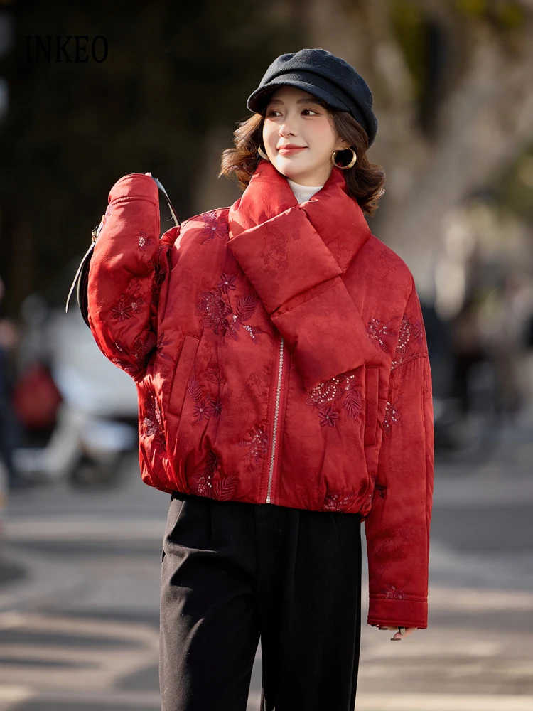 

Vintage sequined embroidery padded jacket for women 2026 New Fashion Dolman sleeve short coat with scarf Warm Winter INKEO DJ643