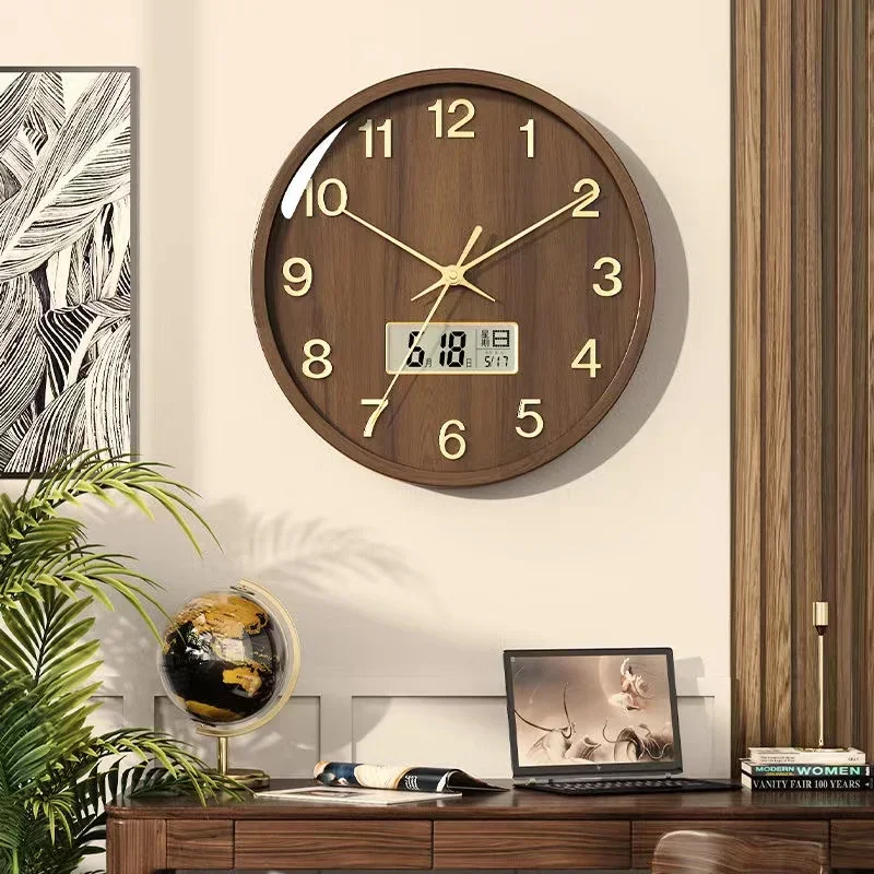 New Chinese Solid Wood Wall Clock Living Room Household Quartz Clock with Calendar Atmospheric Decorative Clock