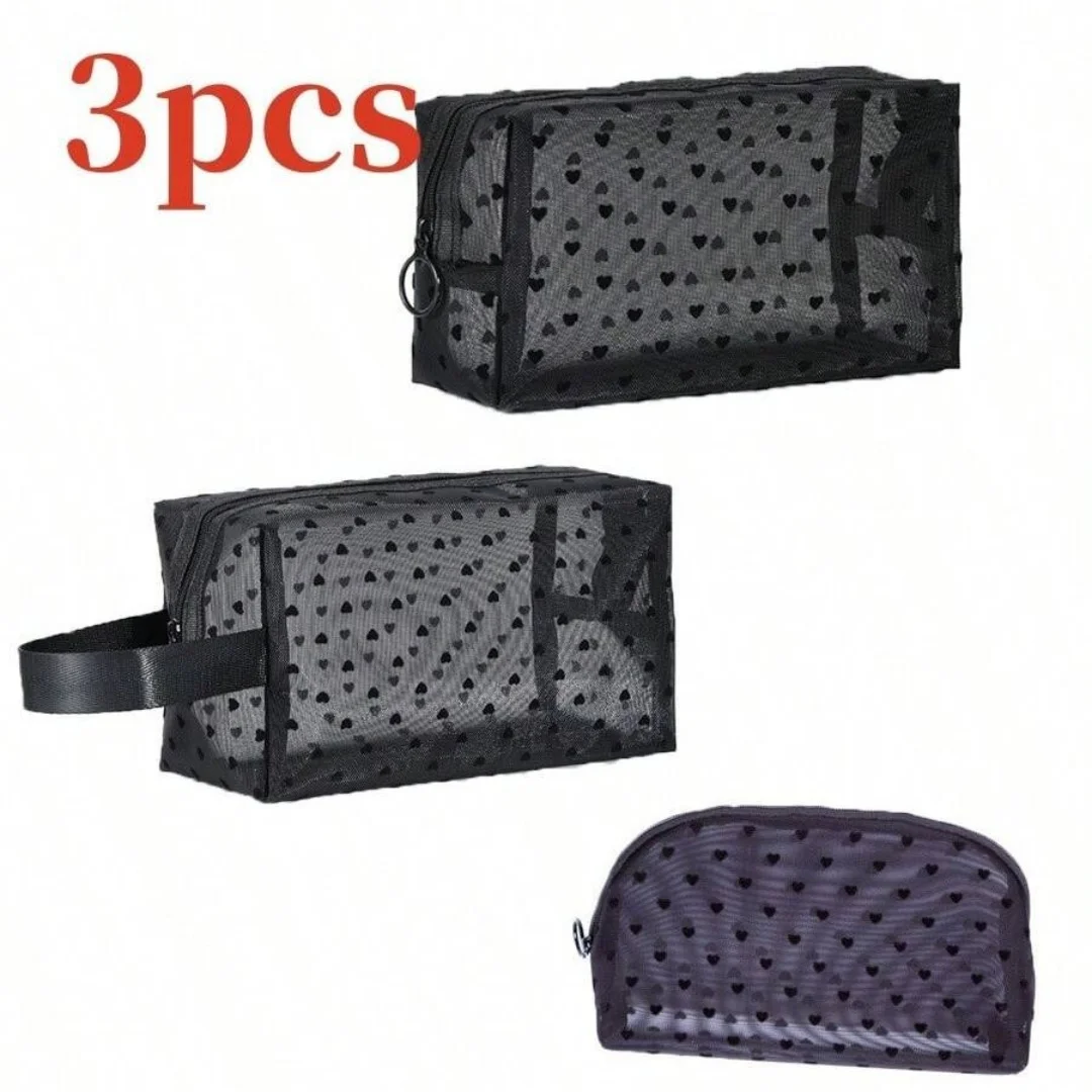 Zestaw 3 kosmetyczek z siatki, pluszowa torba do przechowywania w kształcie serca, przenośna torba podróżna do pielęgnacji, kompaktowy organizer na kosmetyki na podróż służbową.