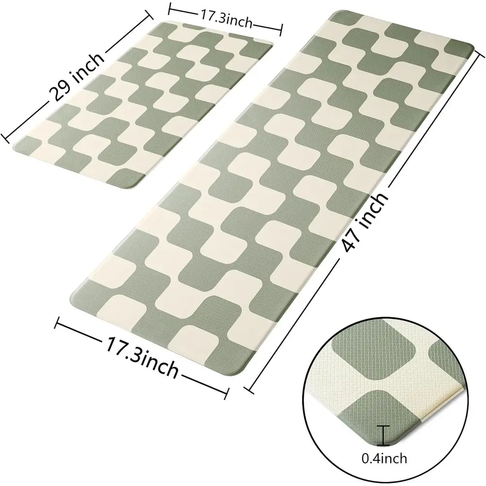 Sage Green Beige Retro Curvy Checkered Grid Checkerboard Kitchen Rug Sets [2 PCs], Anti-fatigue, Water-resistant Non-Slip Kitche