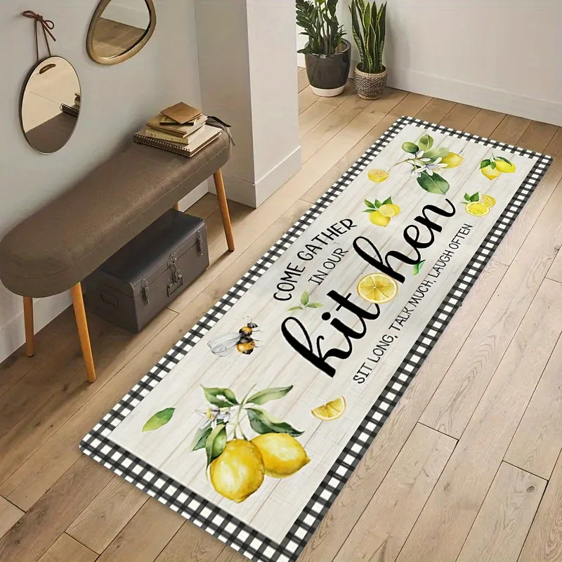 Refreshing Lemon Kitchen Rug, Yellow Fruit Flannel Floor Mat, Non-Slip Washable Soft Carpet for Hallway Laundry Room, 1PC