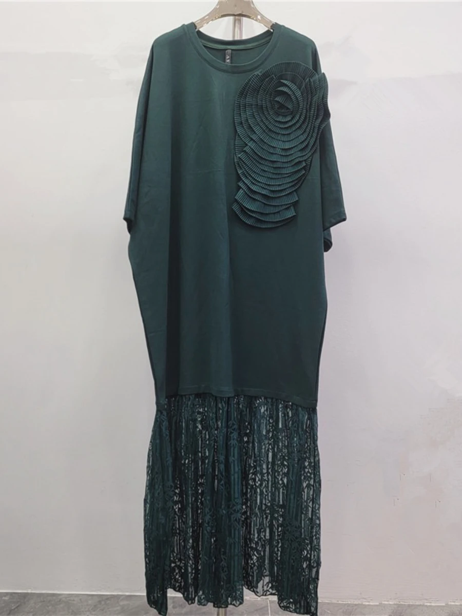 Galcaur sólido emendado 3d flor vestido feminino o pescoço manga longa solto design temperamento vestidos femininos estilo de moda verão