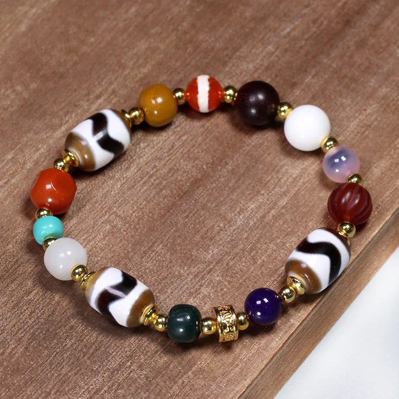 Shengshi Qiyuan Natural Tibetan Authentic Tiger Tooth Dzi Bead Medicine Master Southern Red Agate Turquoise Bracelet, appr