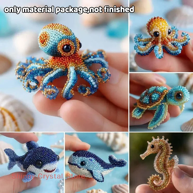 1Set Bead Embroidery Kit Material Package DIY Cute Octopus Turtles Sharks Design Craft Kit For Beginners Creative Handmade Gift