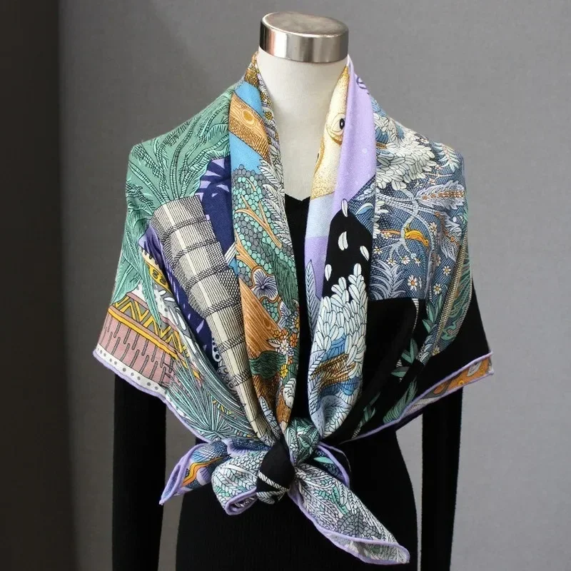 

High-end Elegant Women Exquisite Midsummer Night's Dream Print Quality Silk Wool Fine Hand-rolled Edge Warm Large Scarf Shawl