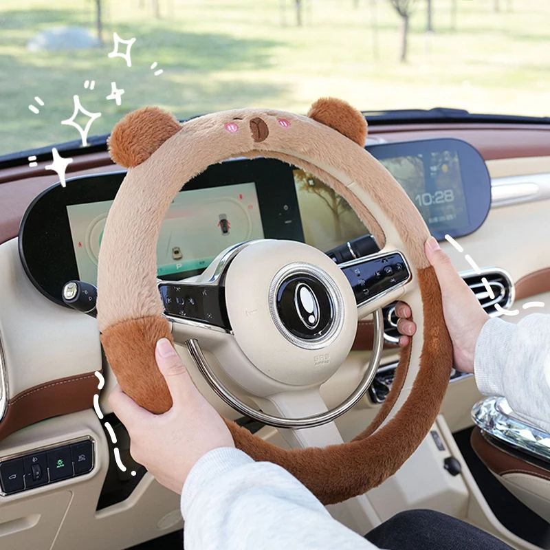 Car Steering Wheel Cover Cartoon Capybara Plush Seat Belt Decoration Accessories Comfortable Non-slip Car Steering Wheel Cover