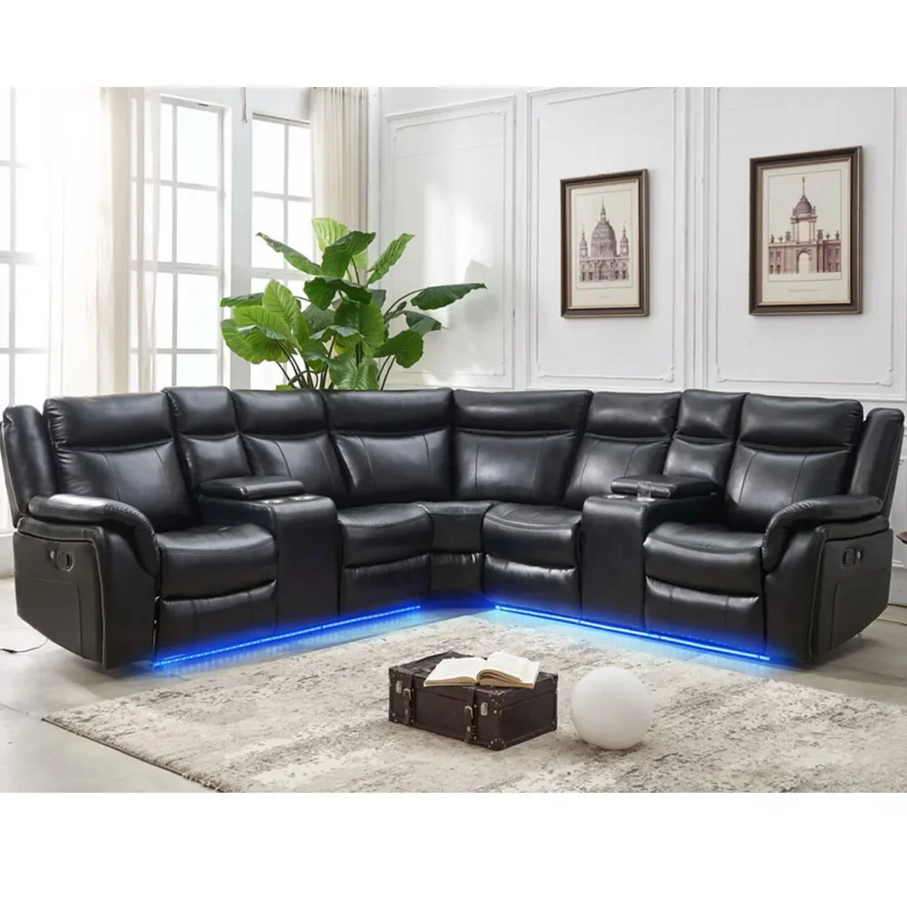Custom Logo China Supplier Oversize 5 Person Seat Recliner Couch Manual Reclining Sectional Sofa Set with LED Strip