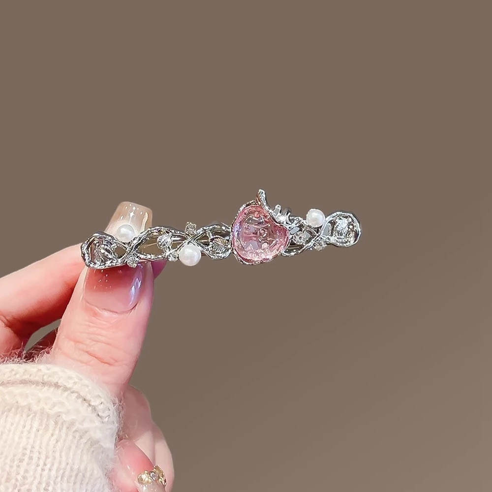 

Pink Strawberry Pearl Hair Clip Silver Alloy Side Barrette Women Sweet Kawaii Bangs Accessories Gift