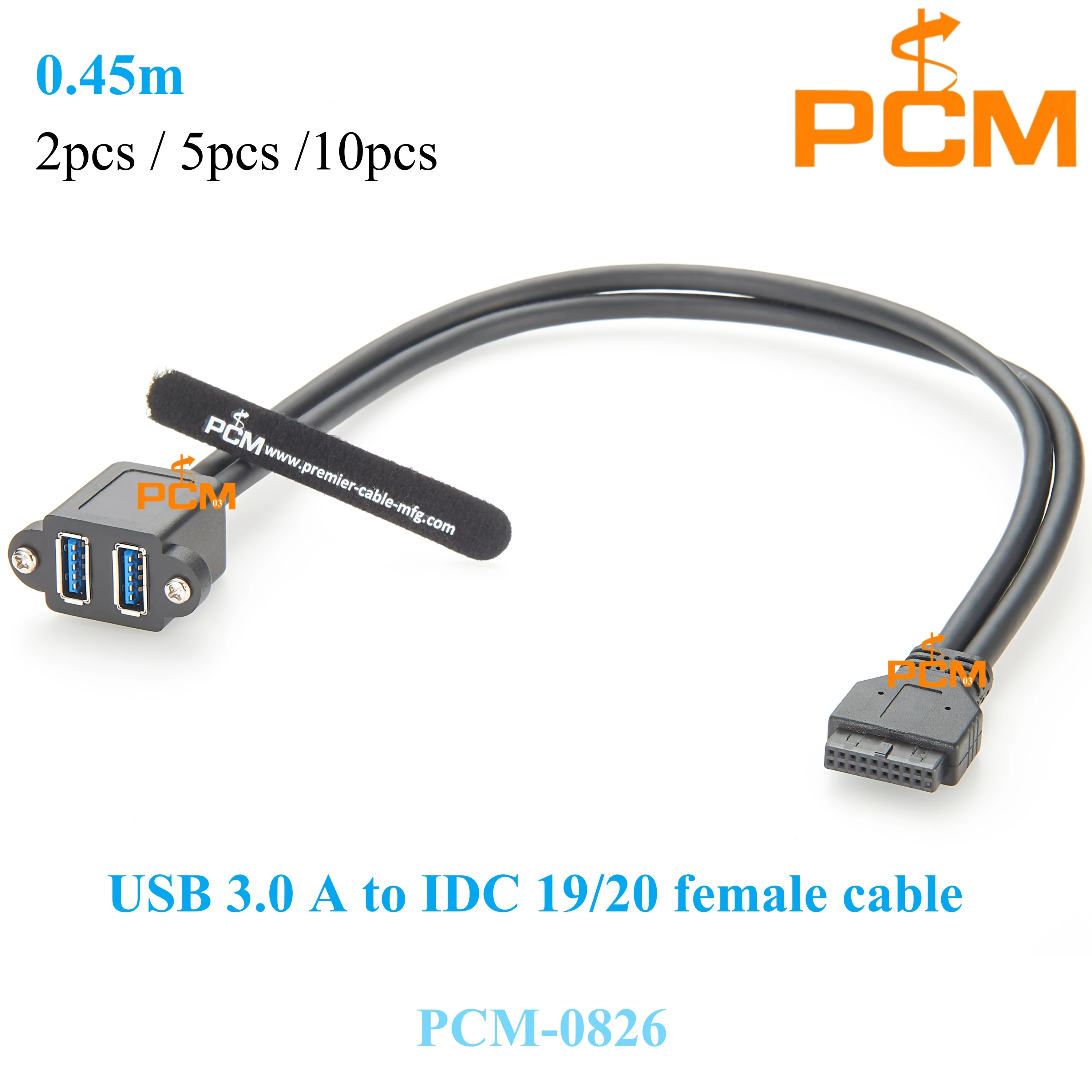 2pcs 0.45M 5Gbps Connector USB 3.0 Panel Mount Dual Port USB A Female Screw Panel Mount to Motherboard 20 Pin Header Cable Cord