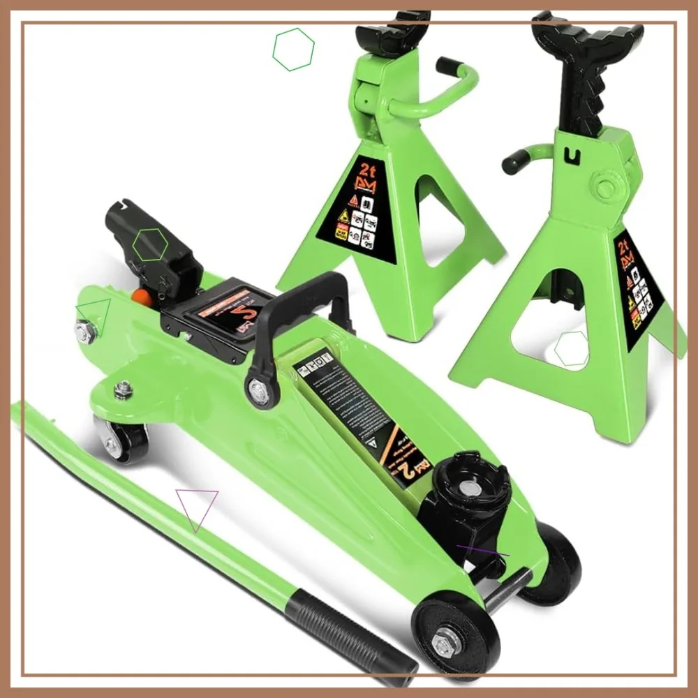 

Low Profile Hydraulic Trolley Floor Jack Combo with 2 Ratchet Jack Stands, 2 Ton (4000 lbs) Capacity, Green
