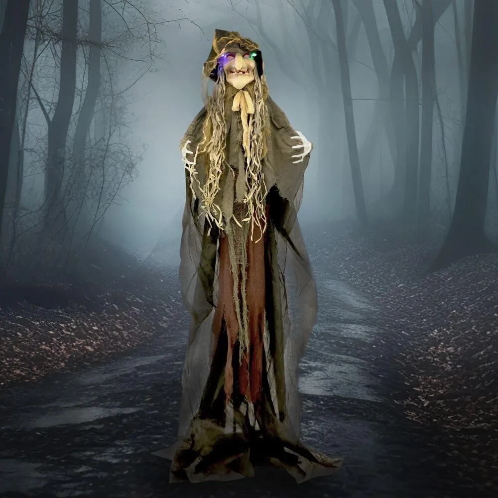 ife-Size Scary Poseable Scarecrow Witch Prop with Touch Activated Lights and Sound, Battery-Operated Indoor Halloween Decoration