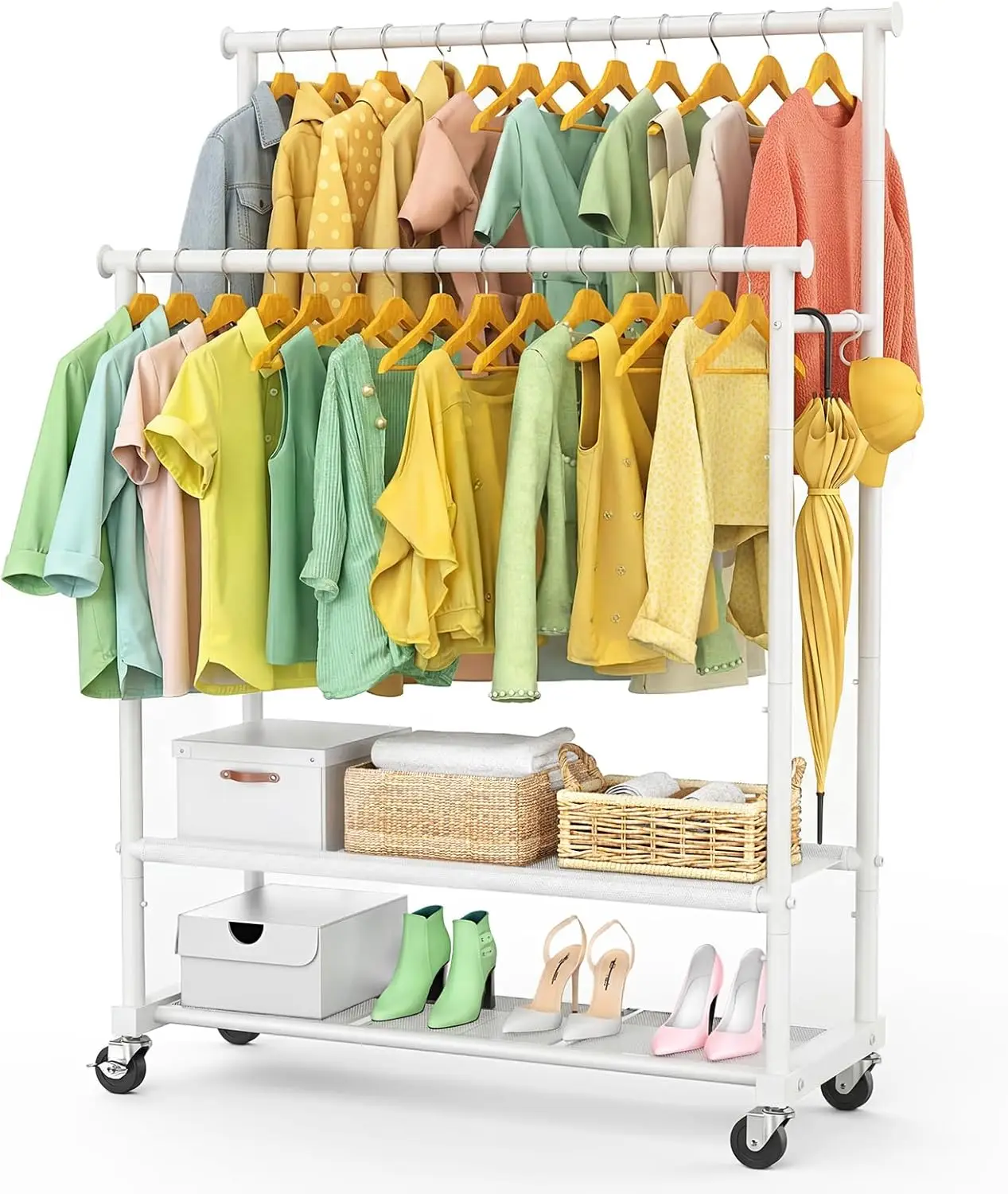 

Double Rods Clothes Rack for Hanging Clothes, Heavy Duty Rolling Clothing Rack with Wheels, Freestanding Garment Racks with O