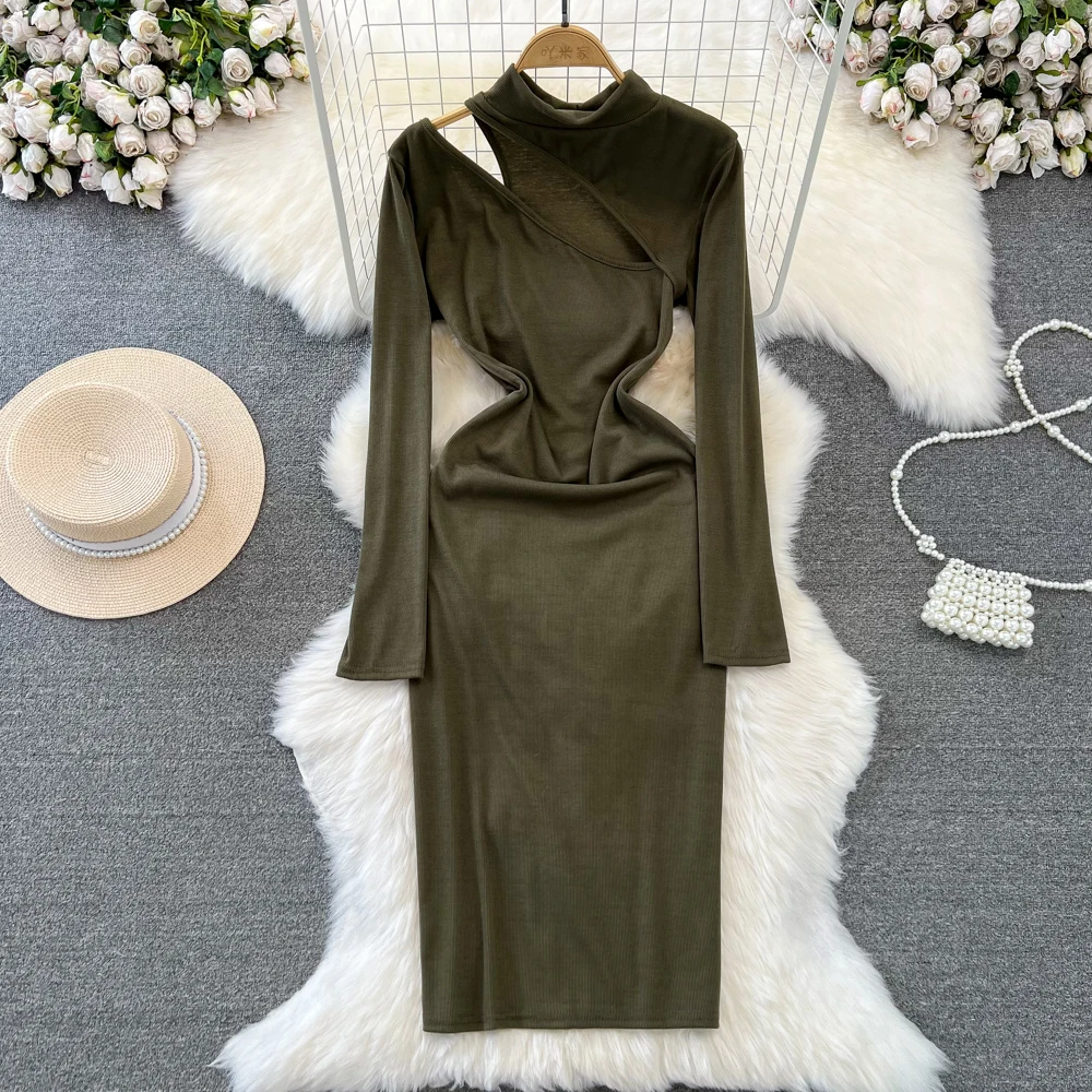 

Spring Autumn Hollow Out Dress Women Half High Neck Off the Shoulder Slim Long Skirt Fashion Elegant Solid Color Bottom Dresses
