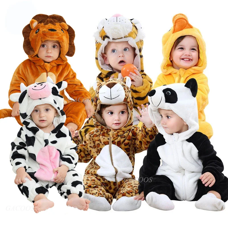 Newborn Baby Tiger Panda Cow Animal Cartoon Romper Kigurumi Girls Onesie Pajamas Hooded Jumpsuit Infant Boys Halloween Costumes