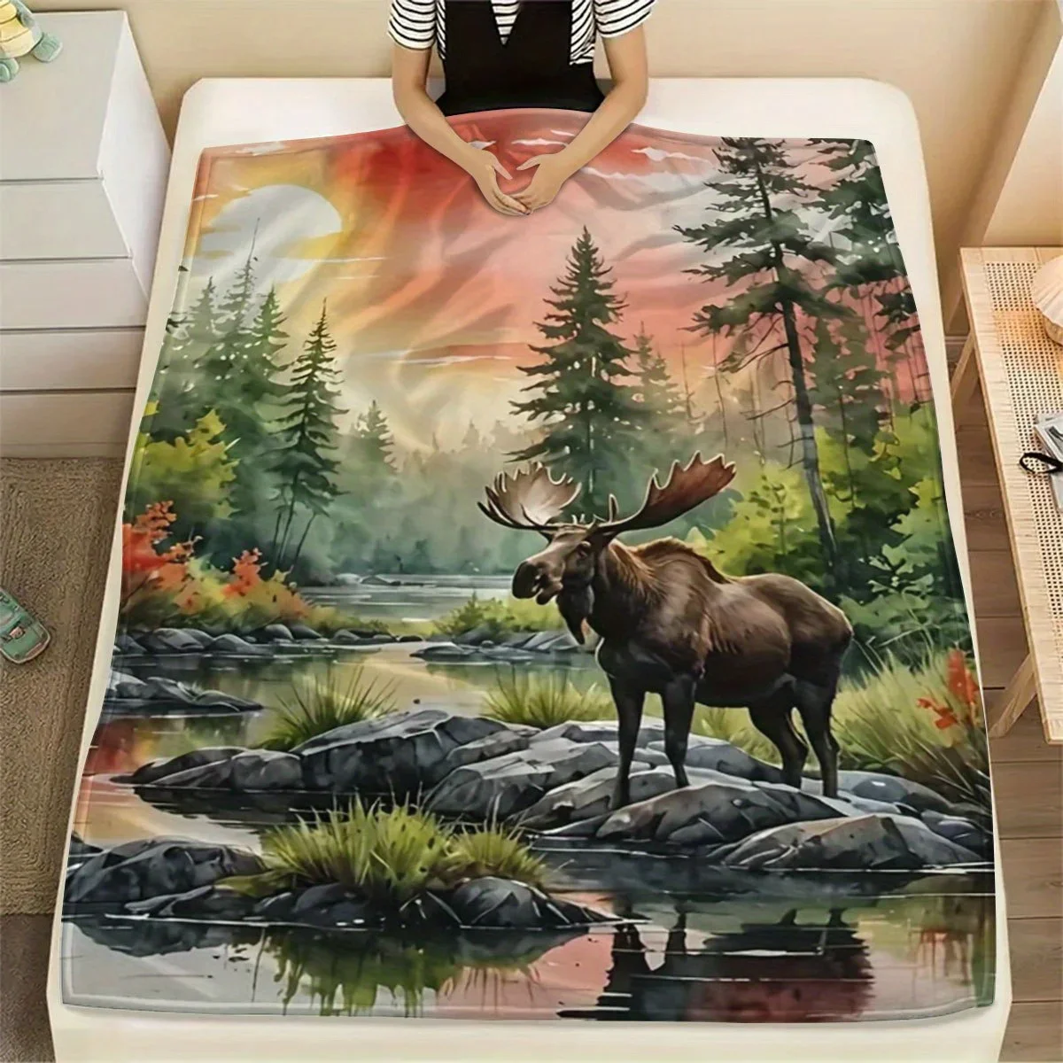 Lush Forest Deer Scene Throw Blanket Rustic Woodland Animals Nature Decor Cozy Home Gift