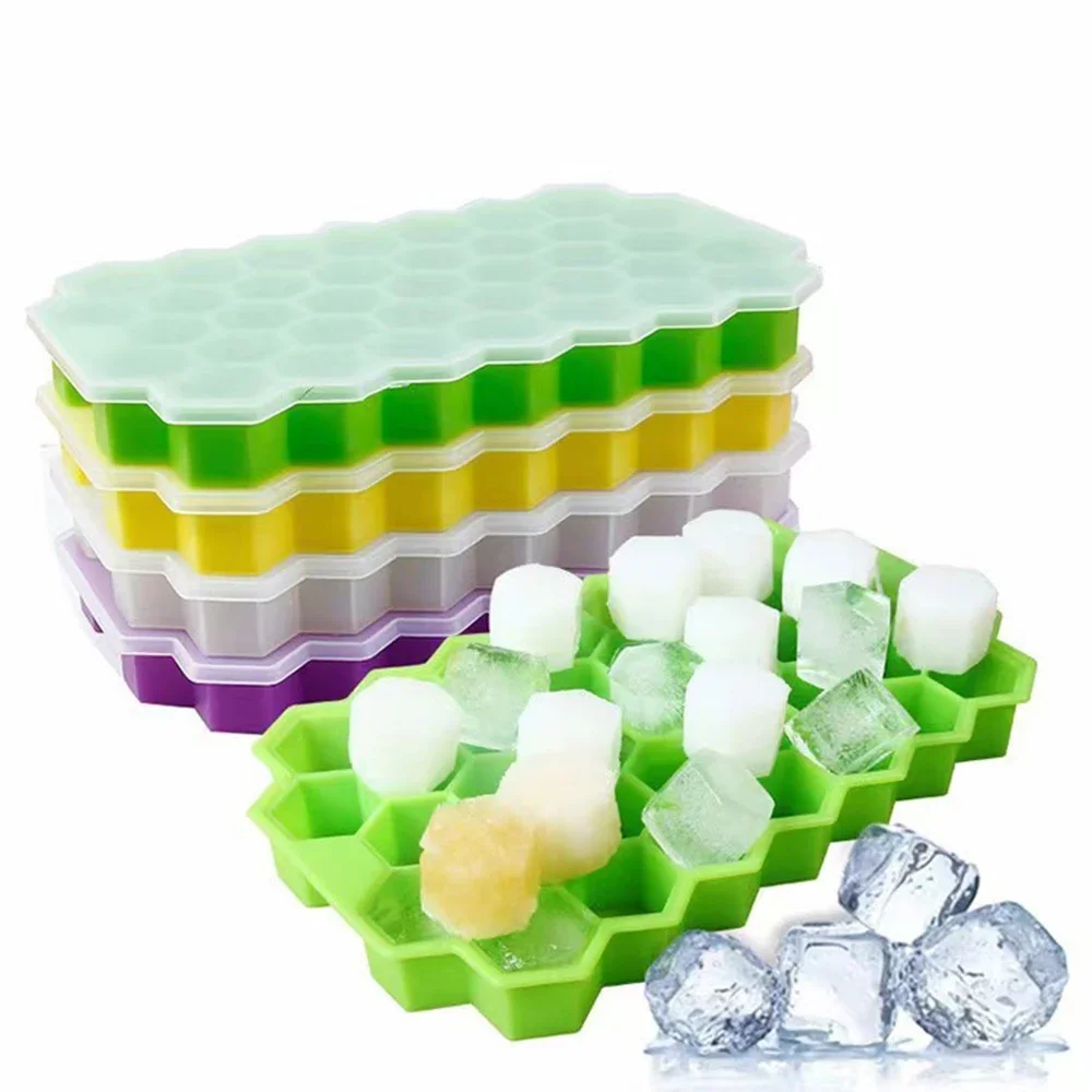 Silicone Honeycomb Ice 37 Grids Lattice Cube Tray Maker with Lid DIY Ice Mold Bar Creative Homemade Ice Making Box Kitchen Tools