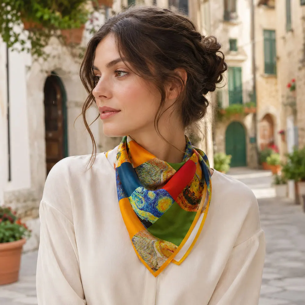 

53cm 100% Natural Silk Neck Scarf Woman Girls' Headband Bulk Buying Vincent van Gogh Paintings Square Women Top Luxury Men Gift