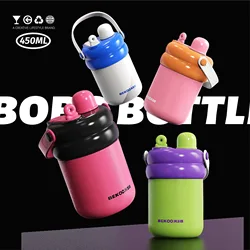 450ML Children's THERMOS CUP With Handle And Straw,Stainless Steel  Vacuum Flasks,Drinkware,Double Drink Student Water Bottle