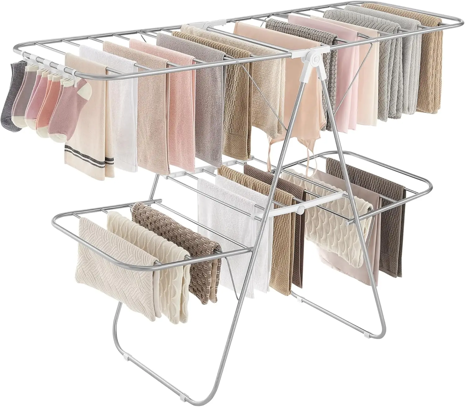 

Clothes Drying Rack, Foldable 2-Level Laundry Airer with Adjustable Wings, 33 Rails & 27 Clips, Rust-Resistant