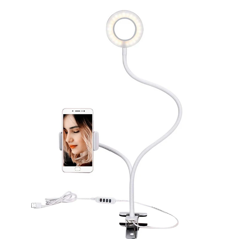 

Clip on Reading Light, LED USB Ring Light with Phone Holder, Clamp Desk Lamp with 3 Lighting Modes,White