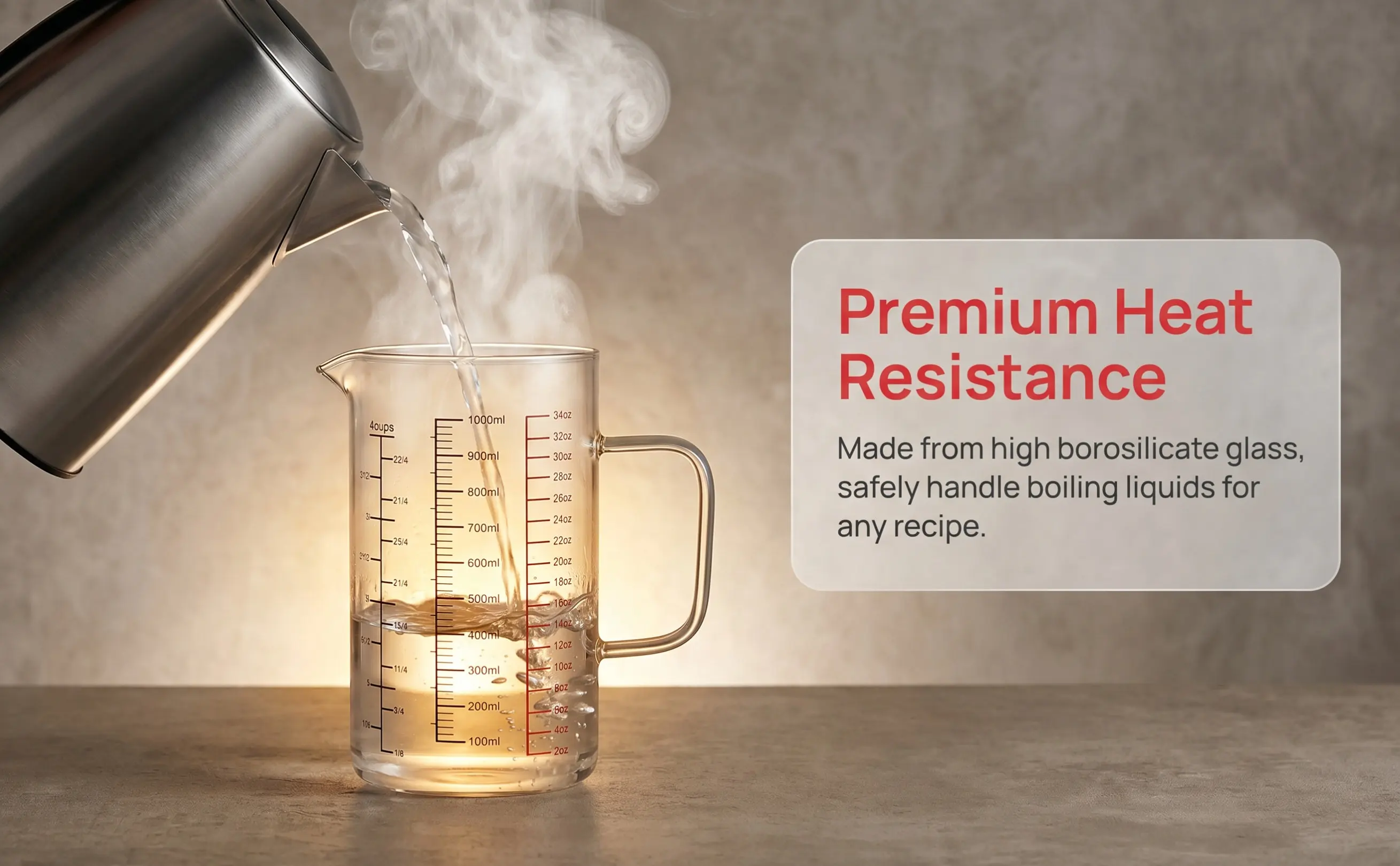1000 Ml Glass Measuring Cup High Borosilicate Heat Resistant Precision Graduated Pour Spout Easy to Read for Kitchen Baking