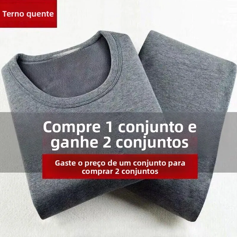 Conjunto de roupa íntima térmica masculina, forrado de lã, espesso, cor pura, camiseta e calças, conjunto de duas peças para ...