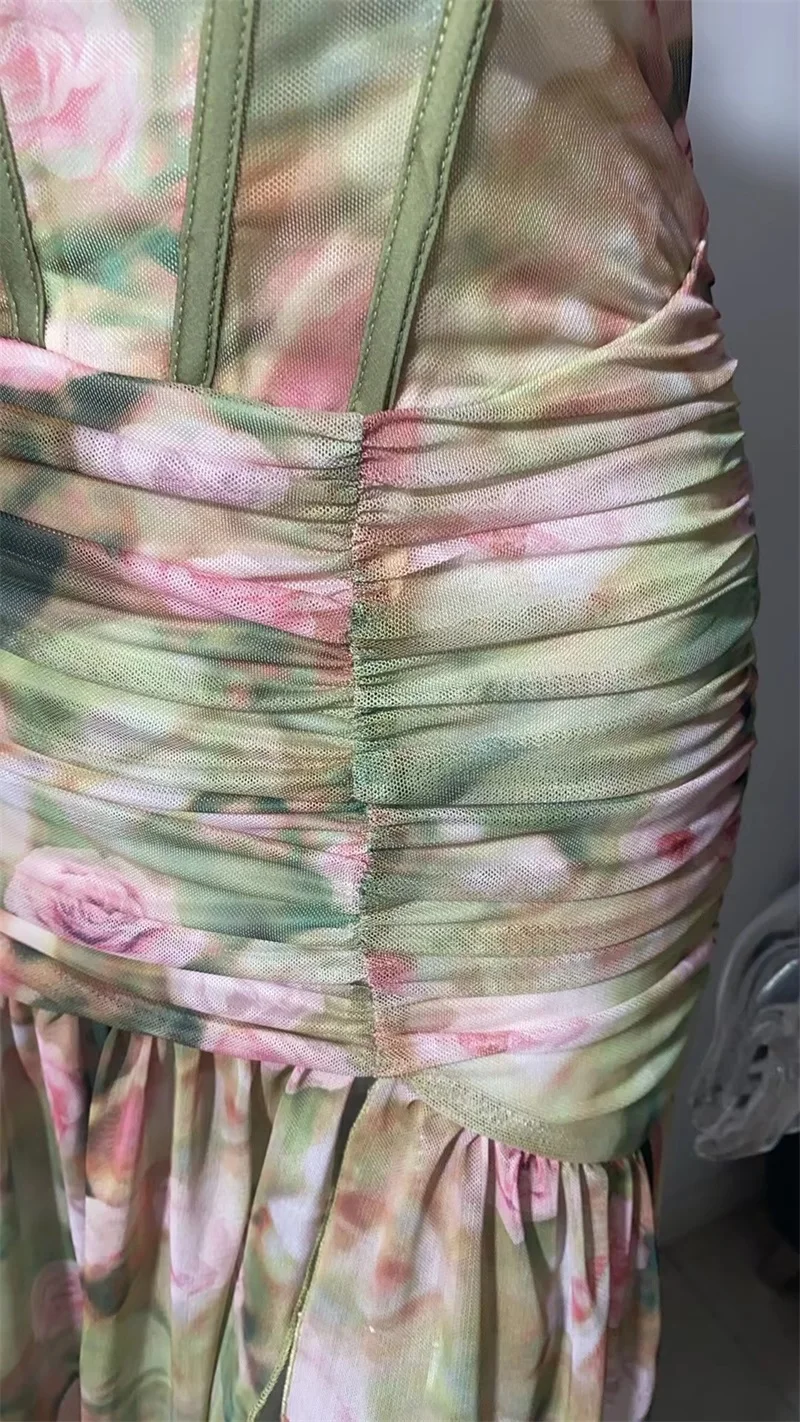 Green Floral Women Prom Dress Sexy Corset Sweetheart Sleeveless Long Ruffles Party Gown Robe Casual Formal Birthday Evening Gown